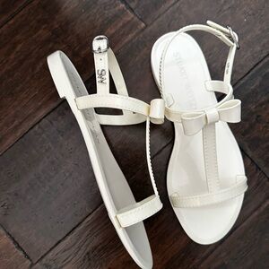 Stuart Weitzman Cream T-Strap Sandals with Bow Detail